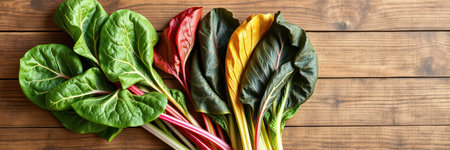 Freshly harvested chard arranged beautifully on a wooden table in natural lightの素材