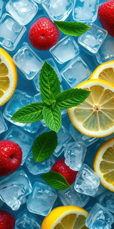 Fresh raspberry and lemon slices on ice with mint leaves creating a vibrant summer drink compositionの素材
