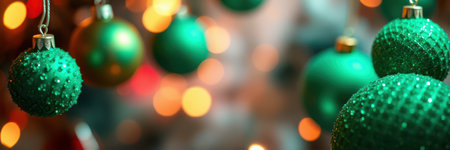 Colorful green ornaments hang among warm lights, creating a festive atmosphere during the holiday seasonの素材
