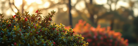 Sunset light illuminating blooming bushes in a serene gardenの素材