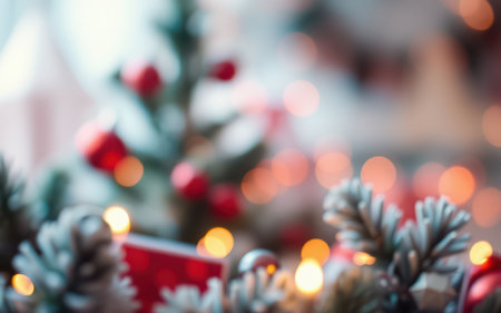 Soft glow of holiday decorations with pinecones and twinkling lights in a cozy setting during winterの素材