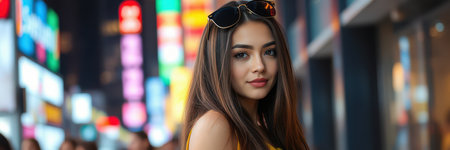 Young woman in stylish attire enjoys vibrant city nightlife in a bustling urban settingの素材