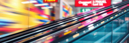Dynamic view of an escalator at a busy urban mall with colorful signage in the backgroundの素材