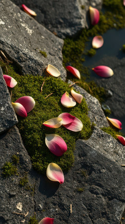 Scattered petals rest on mossy stones during the afternoon sunの素材