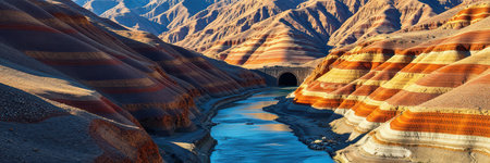 Stunning view of colorful layered mountains and river in a remote canyon during golden hourの素材