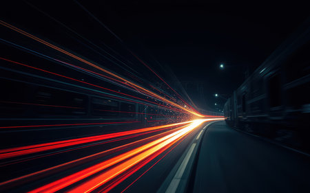 Train speeds through a nighttime station creating bright light trails along the tracksの素材