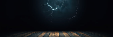 A dark sky with lightning strikes above a wooden floorの素材