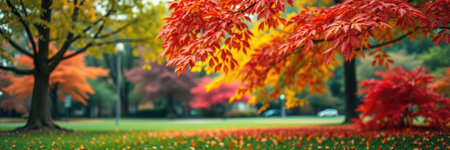 Vibrant autumn foliage in a tranquil park showcasing red and yellow leaves against a serene backgroundの素材