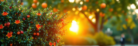 Orange blossoms bloom in a garden as sunset casts warm light on a tranquil evening in natureの素材