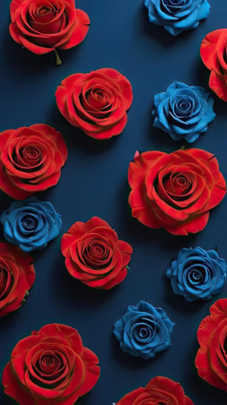 Red and blue roses are arranged on a blue backgroundの素材