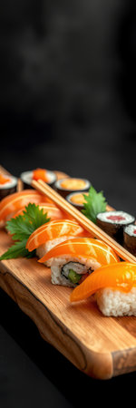 Close-up of salmon sushi rolls on a wooden serving board with chopsticksの素材