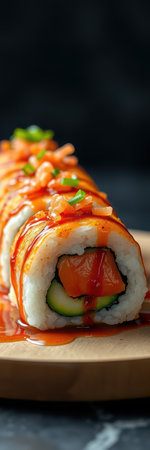 A close-up of a salmon sushi roll with avocado and a spicy sauceの素材