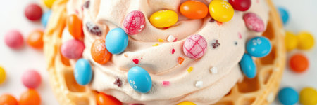 A close-up of a waffle cone filled with soft serve and topped with colorful candiesの素材