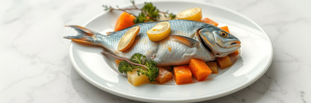 A whole fish is cooked and served with lemon and potatoesの素材