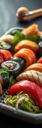 A close-up of a variety of sushi rolls, including nigiri, maki, and sashimiの素材