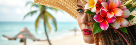 A woman wearing a straw hat and tropical flowers looks out at the oceanの素材