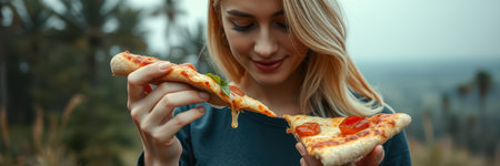 A woman enjoys a slice of pizza with a happy smile on her face while overlooking a forestの素材