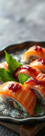 Fresh salmon sushi rolls with a sweet red sauce and garnished with green leaves are served on a black plateの素材