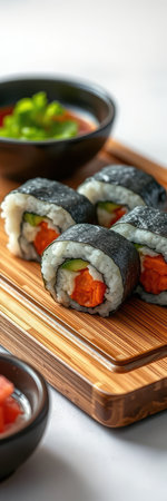 Close-up of sushi rolls with cucumber and carrot on a wooden cutting boardの素材