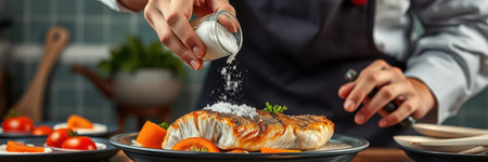 A chef salts a grilled fish on a plate in a kitchenの素材