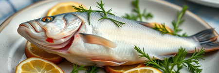 A whole fish on a white plate with lemon wedges and fresh herbsの素材