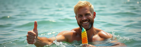 A man in the ocean gives a thumbs up while holding a popsicleの素材
