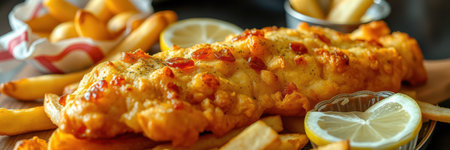 A crispy fish and chips meal with lemon wedges served on a wooden boardの素材