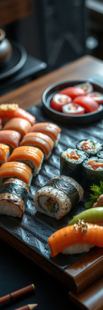 A platter of freshly made sushi rolls sits on a wooden table, ready for a delicious mealの素材