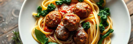 A plate of spaghetti with meatballs and a side of broccoli sits on a wooden tableの素材