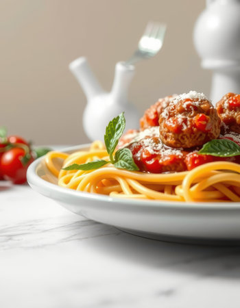 A plate of spaghetti with meatballs and tomato sauce, garnished with basil and a sprinkle of Parmesan cheeseの素材