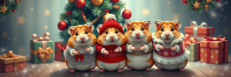 Four hamsters in festive sweaters stand in front of a Christmas tree with presentsの素材