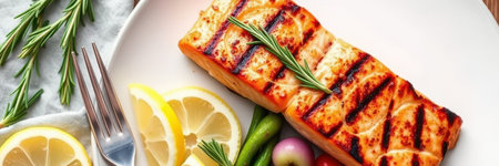 A grilled salmon fillet is served on a white plate with lemon wedges and rosemaryの素材