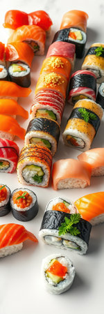 A variety of fresh sushi rolls, including nigiri, maki, and sashimi, arranged on a white plateの素材