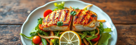 Grilled fish on a bed of greens and vegetablesの素材