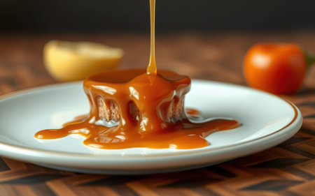 Caramel sauce is poured over a small cake on a white plateの素材