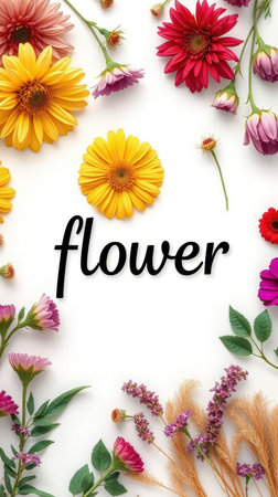 A colorful arrangement of flowers with green leaves and stems are on a white backgroundの素材