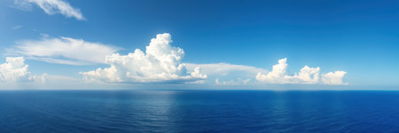 White clouds drift across a clear blue sky over the oceanの素材