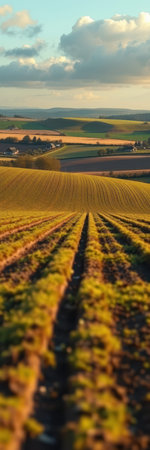 A field of golden wheat in a rolling countryside, with a few houses and trees visible in the distanceの素材