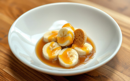 Caramel-covered bananas and a cookie in a white bowl on a wooden tableの素材