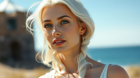 A woman with blonde hair and blue eyes looks toward the ocean on a sunny dayの素材