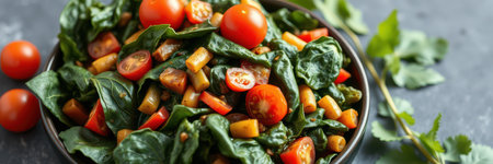 A bowl of spinach salad with tomatoes, beans, and other vegetables is ready to eatの素材