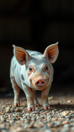 A spotted piglet stands on a bed of gravel and looks up at the cameraの素材