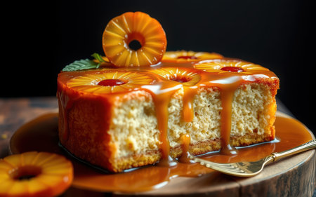 A slice of pineapple upside-down cake topped with a caramelized pineapple ringの素材