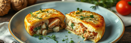 A close-up of a golden brown, flaky pastry filled with a creamy, savory fillingの素材