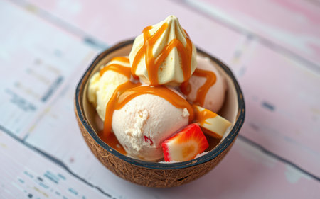 A creamy ice cream sundae topped with caramel and a meringue in a coconut bowlの素材