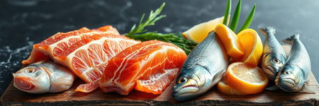 Fresh salmon and fish fillets arranged on a wooden boardの素材