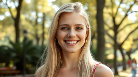 A young woman with blonde hair smiles brightly while standing in a park with trees in the backgroundの素材