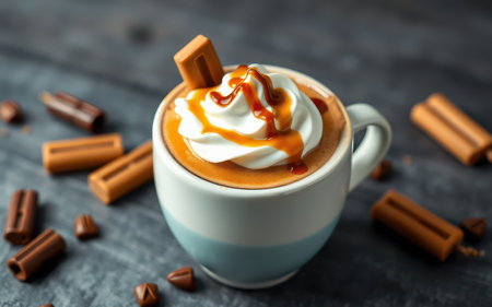 A cup of coffee topped with whipped cream and caramel sauce, with chocolate sticks scattered around on a dark surfaceの素材