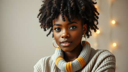 A woman with curly hair is wearing a grey sweater with a yellow stripe and gold earringsの素材