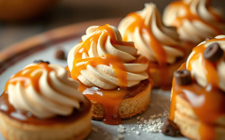 Close-up of caramel-topped pastries with whipped cream, a delicious treat enjoyed on a warm afternoonの素材